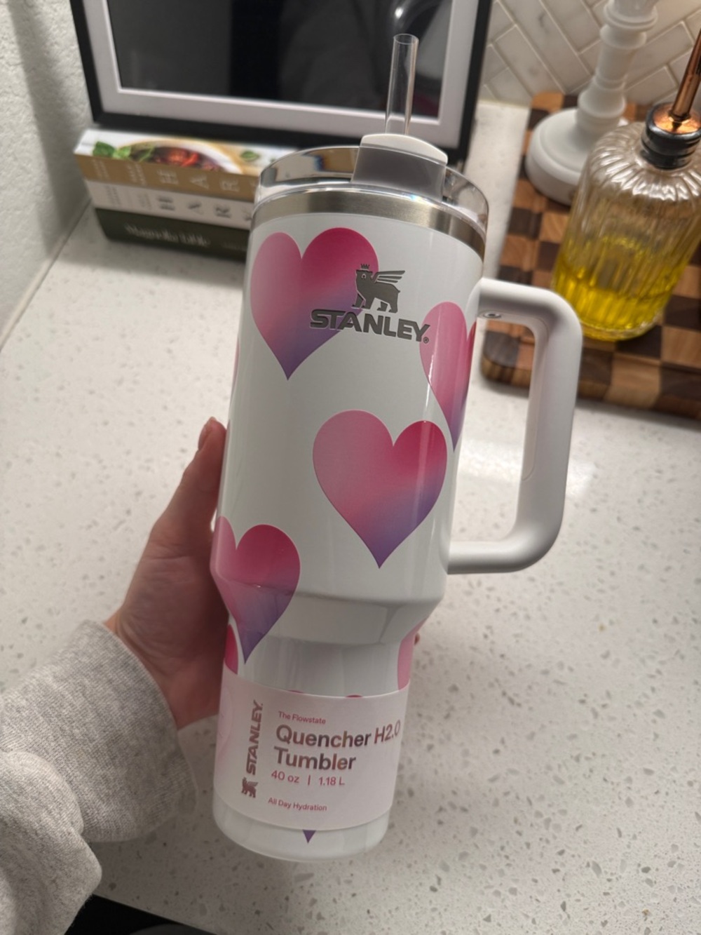 Stanley White Tumbler with Pink-to-Purple Heart Gradient